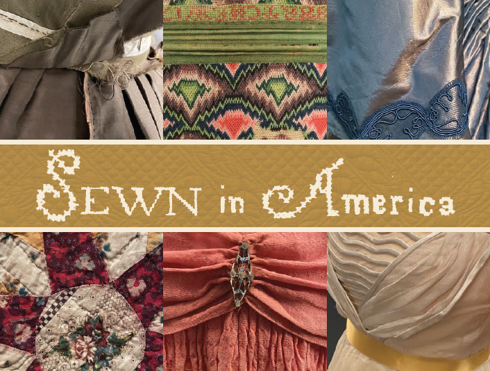 Collage of various textiles with the words Sewn in America in the middle