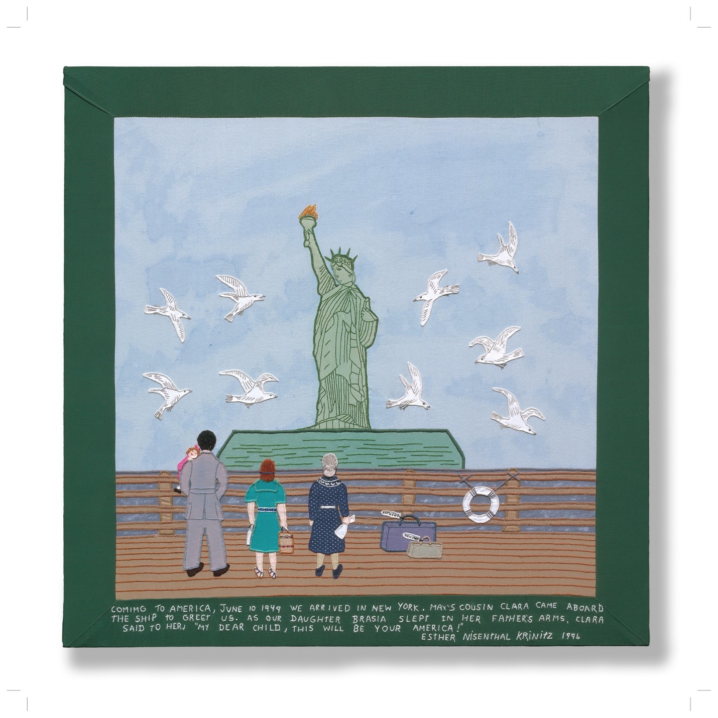 A story cloth of the statue of liberty and seagulls flying around it while a man, woman and older woman look at it on a board walk.