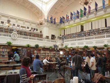 Relatively small crew and equipment were needed to film the scene in the DAR Library.