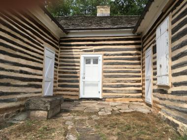 New installation of lime-based chinking at the Fort Winnebago Surgeons Quarters. 